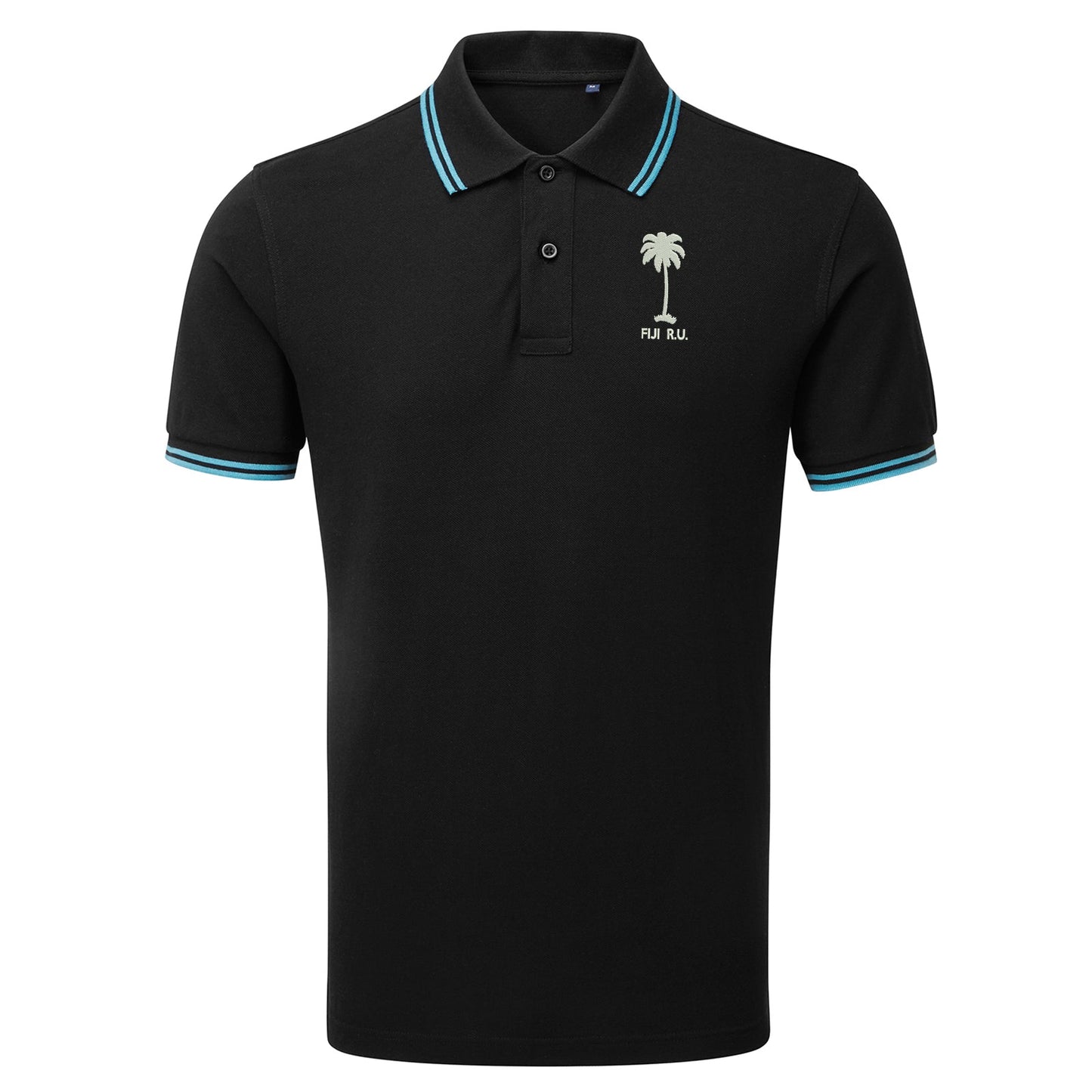 Retro Fiji Rugby 1920s Embroidered Tipped Polo Shirt - Black Turquoise 3XL