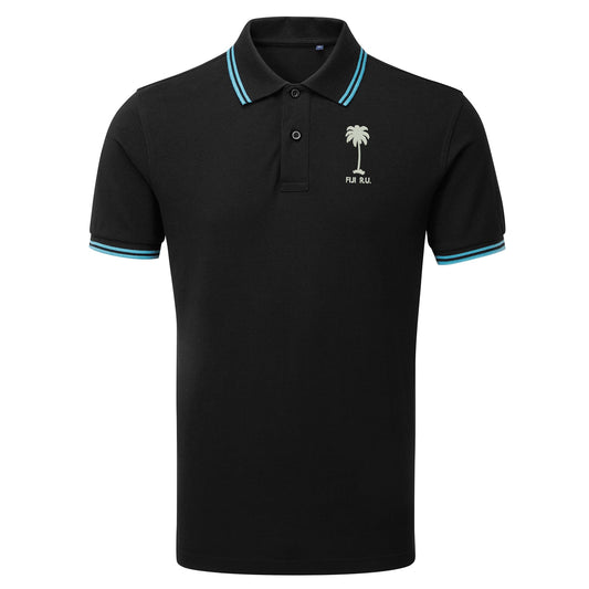 Retro Fiji Rugby 1920s Embroidered Tipped Polo Shirt - Black Turquoise 3XL
