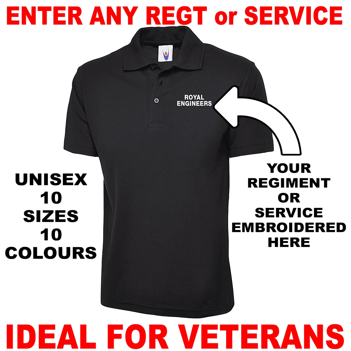 Personalised Military Embroidered Classic Polo Shirt Embroidered with any Regiment or Service