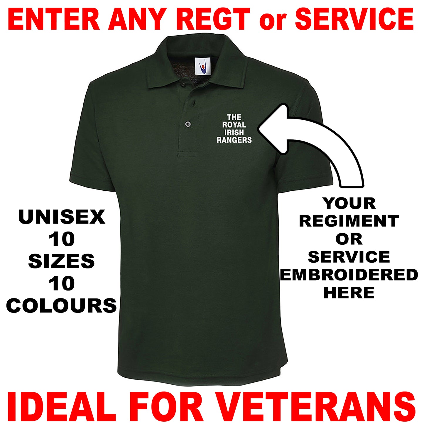 Personalised Military Embroidered Classic Polo Shirt Embroidered with any Regiment or Service
