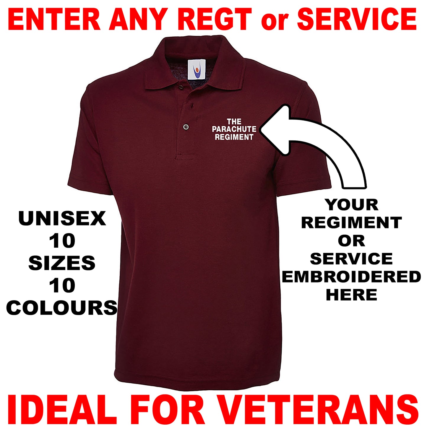 Personalised Military Embroidered Classic Polo Shirt Embroidered with any Regiment or Service