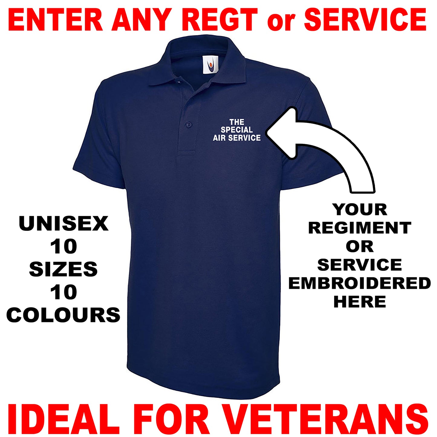 Personalised Military Embroidered Classic Polo Shirt Embroidered with any Regiment or Service
