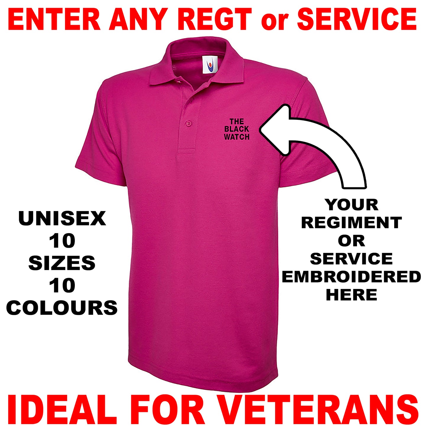 Personalised Military Embroidered Classic Polo Shirt Embroidered with any Regiment or Service