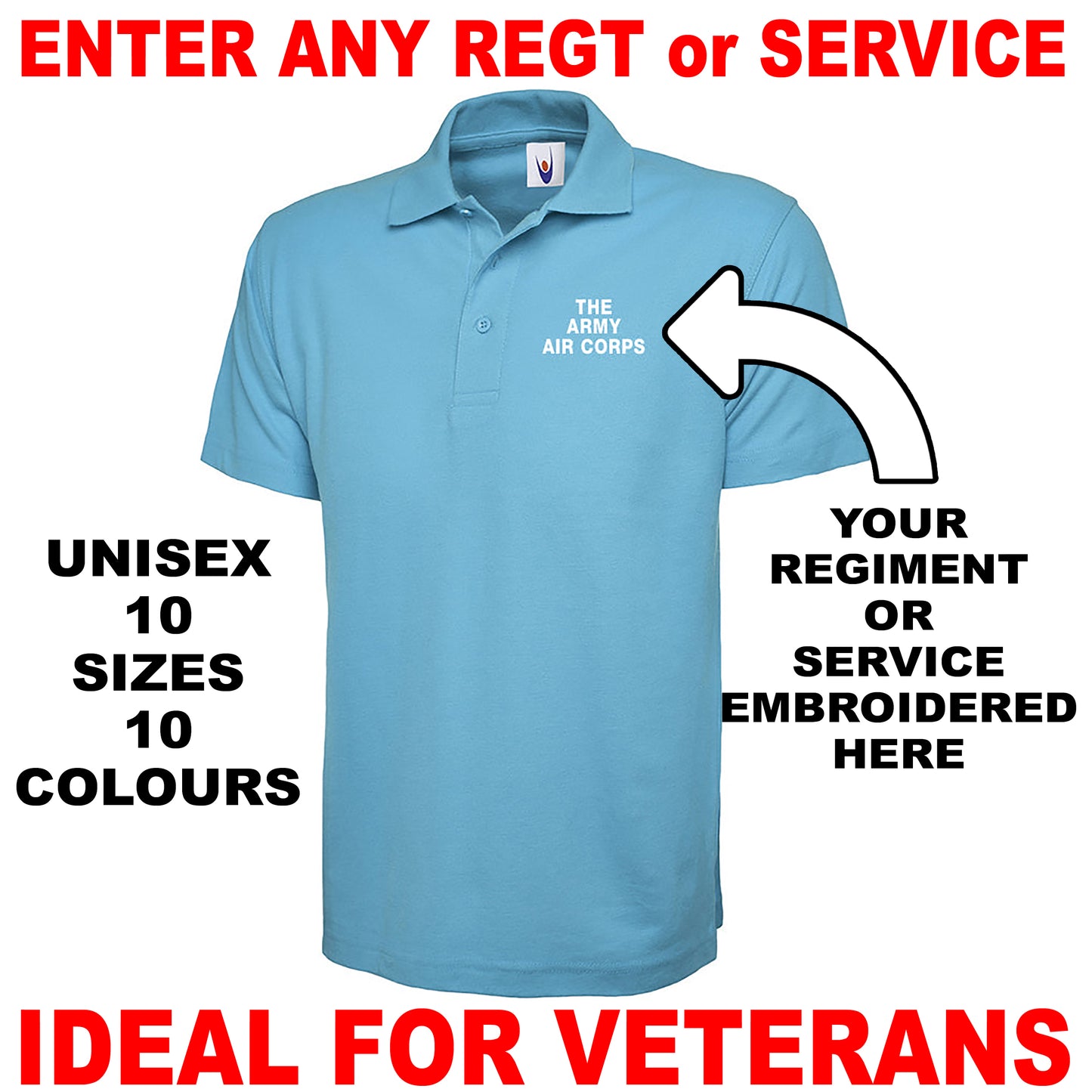 Personalised Military Embroidered Classic Polo Shirt Embroidered with any Regiment or Service