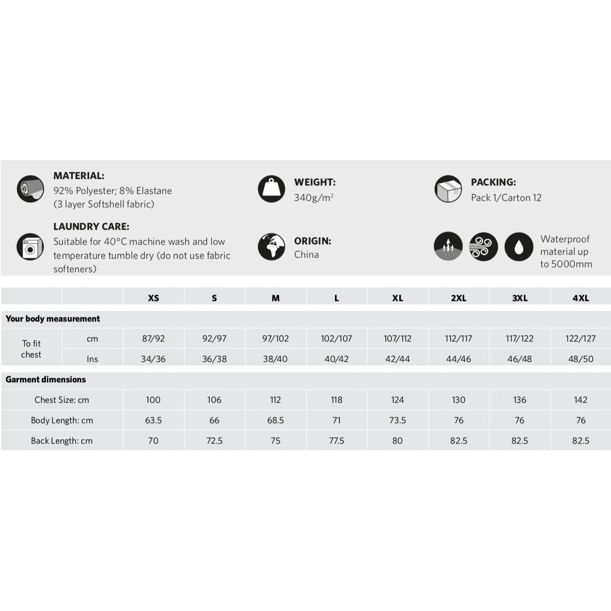 Softshell Jacket Measurements