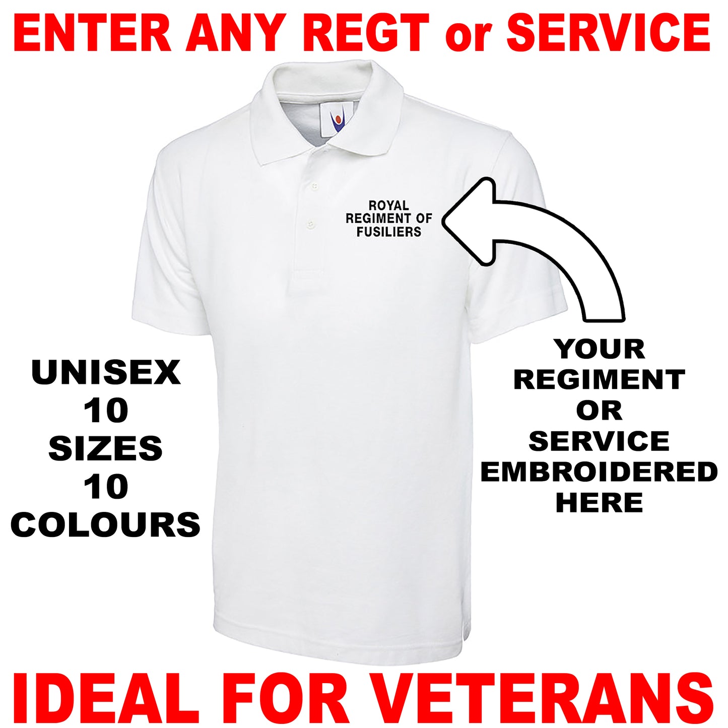 Personalised Military Embroidered Classic Polo Shirt Embroidered with any Regiment or Service