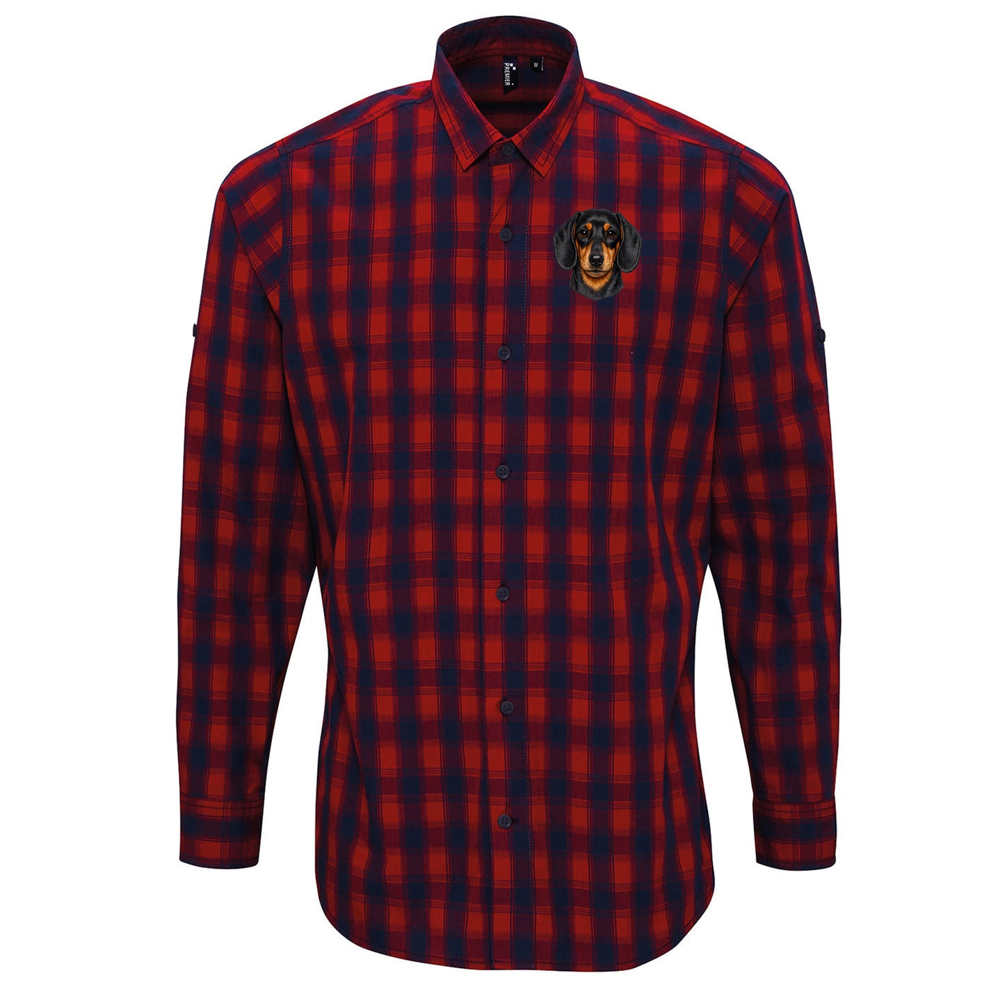 Dachshund Face Embroidered Long Sleeve Mulligan Check Shirt