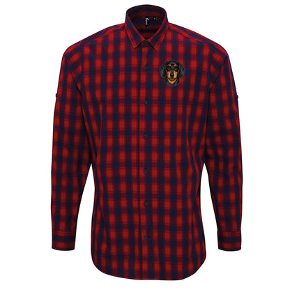Dachshund Face Embroidered Long Sleeve Mulligan Check Shirt