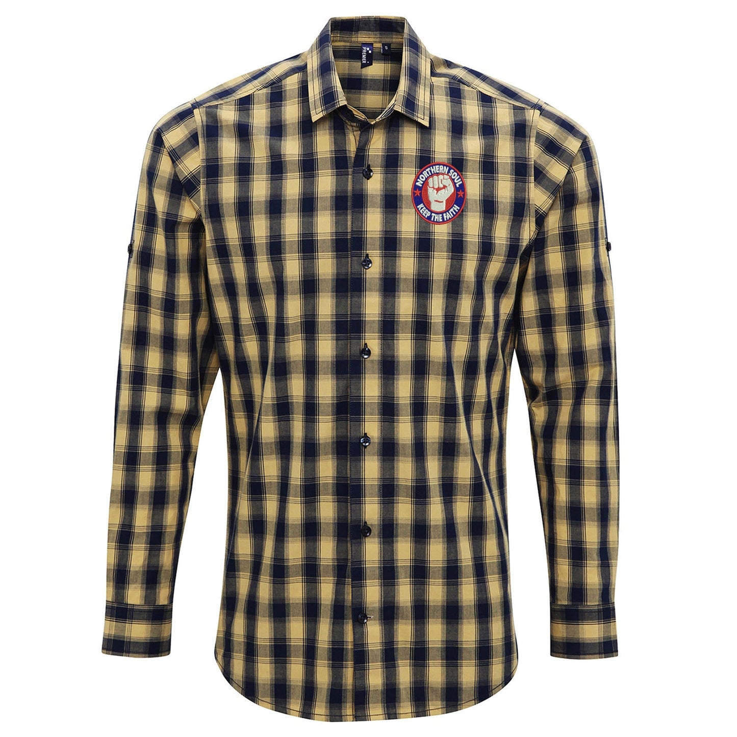 Northern Soul Keep The Faith Embroidered Long Sleeve Mulligan Check Shirt