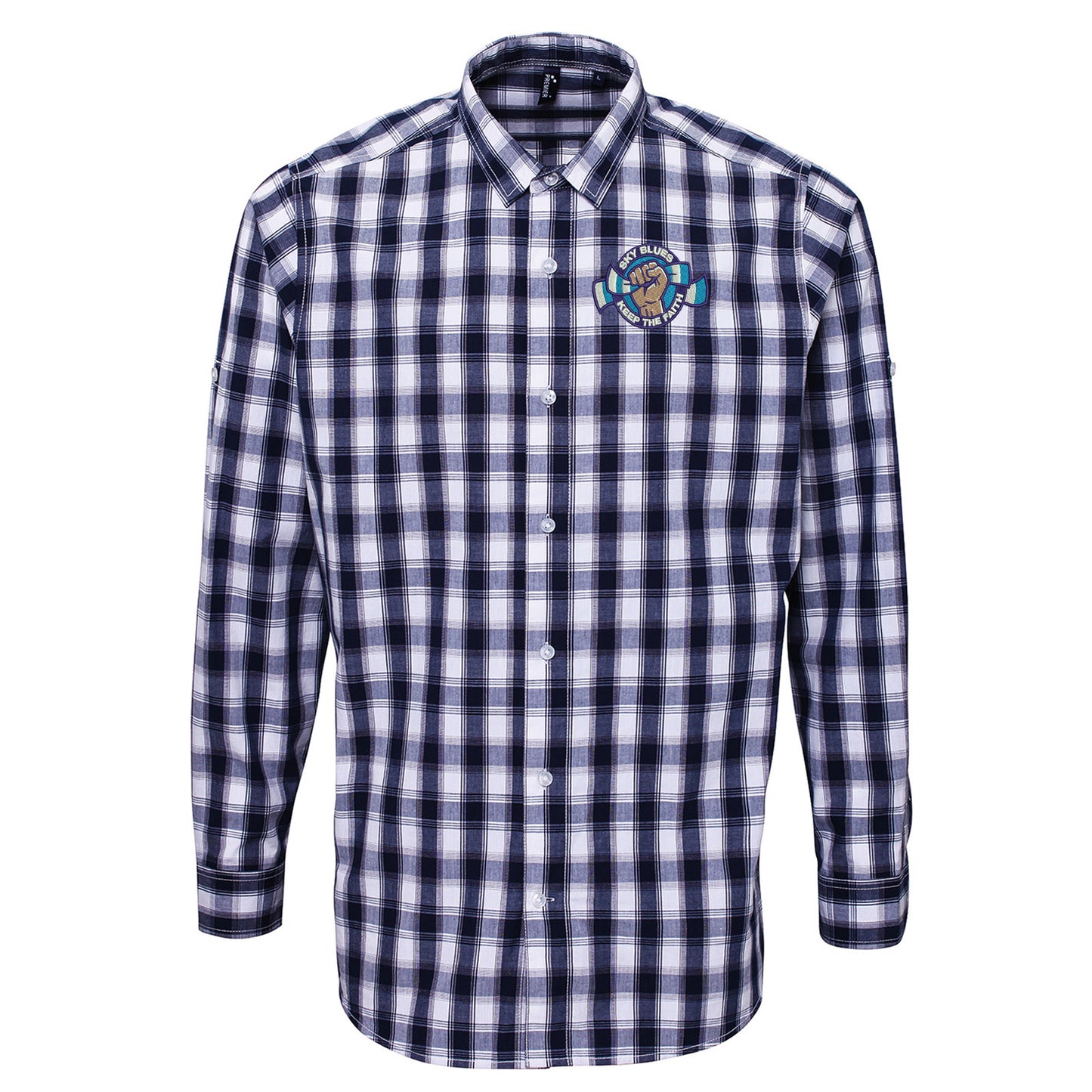 Sky Blues Keep The Faith Embroidered Long Sleeve Mulligan Check Shirt