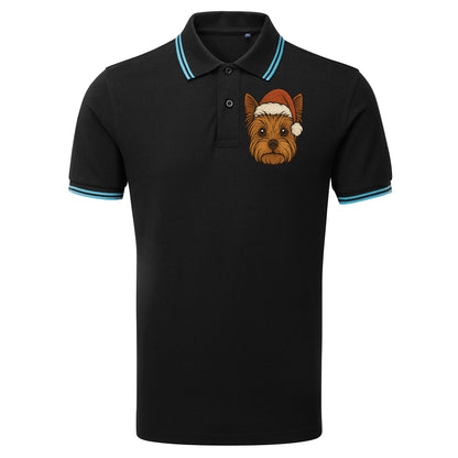 Yorkshire Terrier Face Christmas Embroidered Tipped Polo Shirt