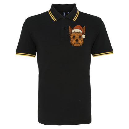 Yorkshire Terrier Face Christmas Embroidered Tipped Polo Shirt