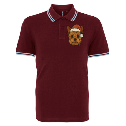 Yorkshire Terrier Face Christmas Embroidered Tipped Polo Shirt