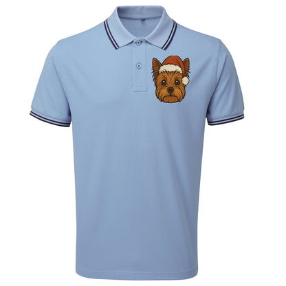 Yorkshire Terrier Face Christmas Embroidered Tipped Polo Shirt