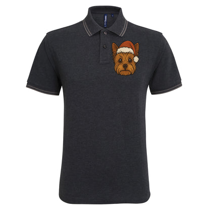 Yorkshire Terrier Face Christmas Embroidered Tipped Polo Shirt