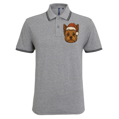 Yorkshire Terrier Face Christmas Embroidered Tipped Polo Shirt