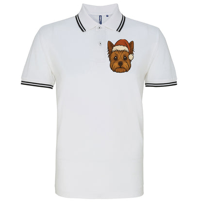 Yorkshire Terrier Face Christmas Embroidered Tipped Polo Shirt