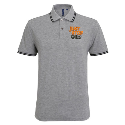 Just Stop Oil Embroidered Tipped Polo Shirt