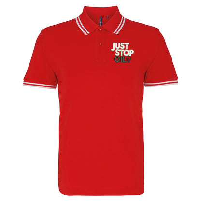 Just Stop Oil Embroidered Tipped Polo Shirt