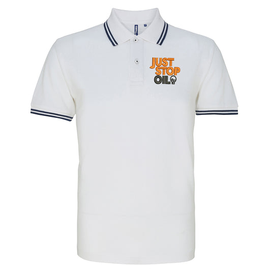 Just Stop Oil Embroidered Tipped Polo Shirt