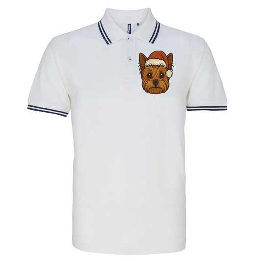 Yorkshire Terrier Face Christmas Embroidered Tipped Polo Shirt