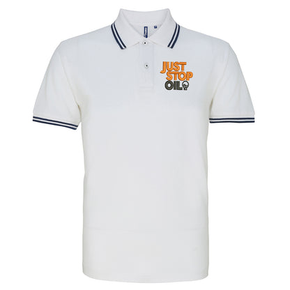 Just Stop Oil Embroidered Tipped Polo Shirt