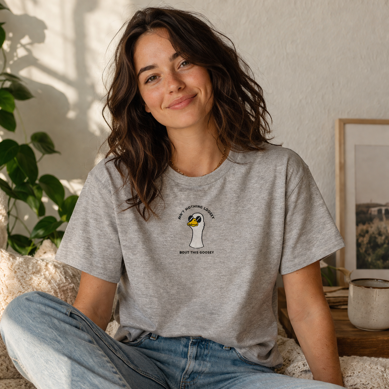 Aint Nothing Loosey About This Goosey Embroidered Tee Funny Meme Animal Silly Goose Shirt