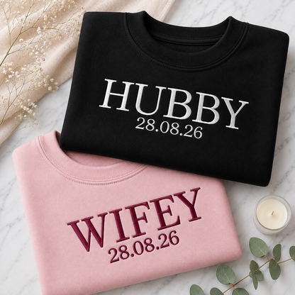 Custom Wifey and Hubby Embroidered Valentine Sweatshirt Matching Couples Jumper Mrs and Mrs Girlfriend Gift Unisex Wedding Gift Crewneck