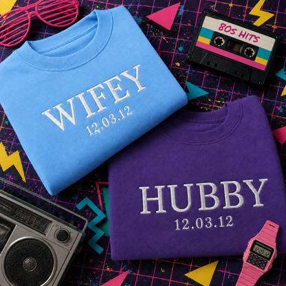 Custom Wifey and Hubby Embroidered Valentine Sweatshirt Matching Couples Jumper Mrs and Mrs Girlfriend Gift Unisex Wedding Gift Crewneck