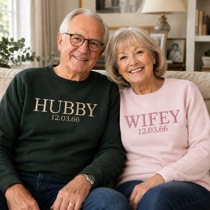 Custom Wifey and Hubby Embroidered Valentine Sweatshirt Matching Couples Jumper Mrs and Mrs Girlfriend Gift Unisex Wedding Gift Crewneck
