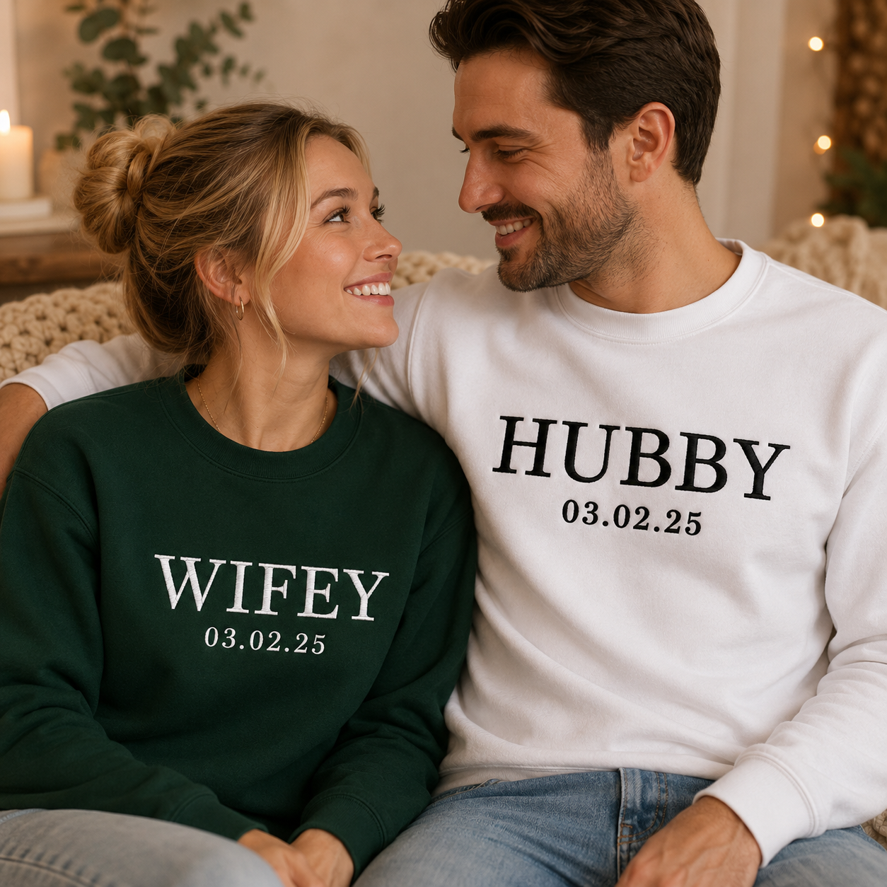 Custom Wifey and Hubby Embroidered Valentine Sweatshirt Matching Couples Jumper Mrs and Mrs Girlfriend Gift Unisex Wedding Gift Crewneck