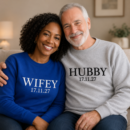 Custom Wifey and Hubby Embroidered Valentine Sweatshirt Matching Couples Jumper Mrs and Mrs Girlfriend Gift Unisex Wedding Gift Crewneck