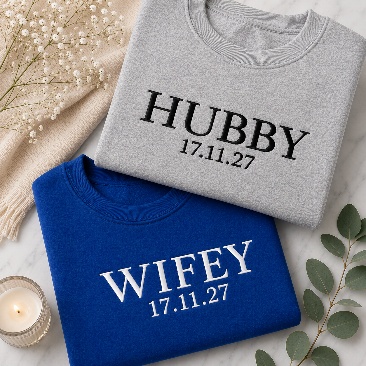 Custom Wifey and Hubby Embroidered Valentine Sweatshirt Matching Couples Jumper Mrs and Mrs Girlfriend Gift Unisex Wedding Gift Crewneck