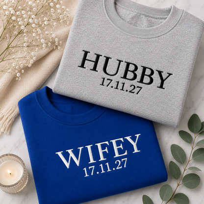 Custom Wifey and Hubby Embroidered Valentine Sweatshirt Matching Couples Jumper Mrs and Mrs Girlfriend Gift Unisex Wedding Gift Crewneck