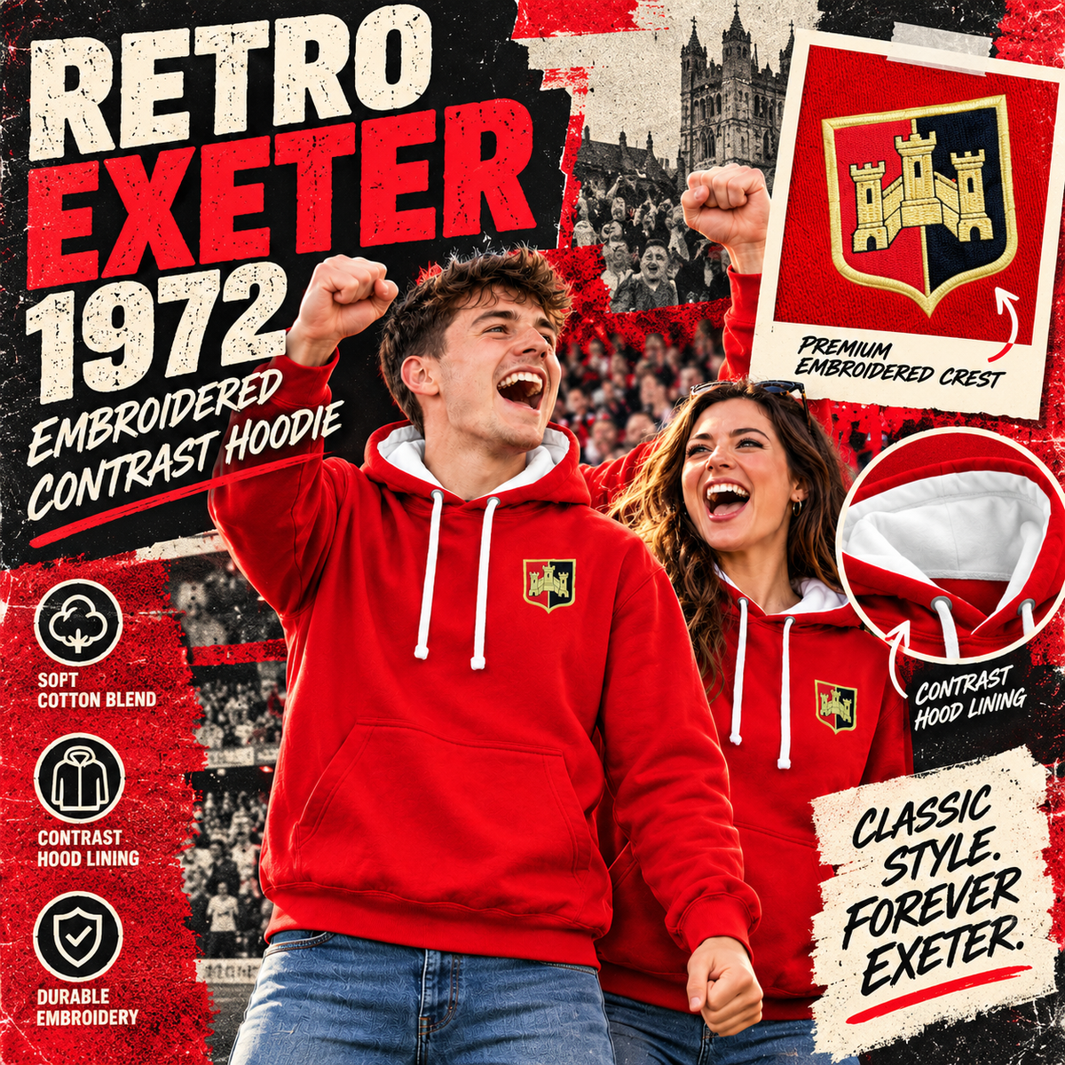 Retro Exeter 1972 Embroidered Contrast Hoodie