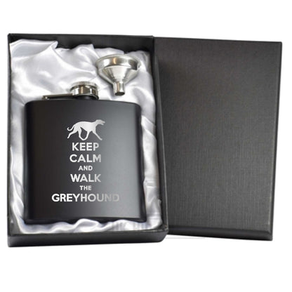 Keep Calm and Walk The Greyhound Engraved 6oz Hip Flask