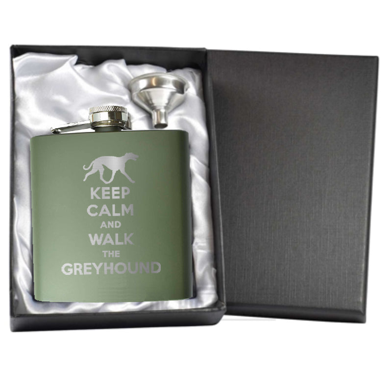 Keep Calm and Walk The Greyhound Engraved 6oz Hip Flask