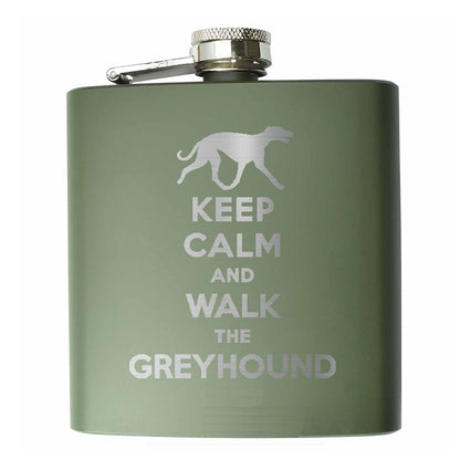 Keep Calm and Walk The Greyhound Engraved 6oz Hip Flask