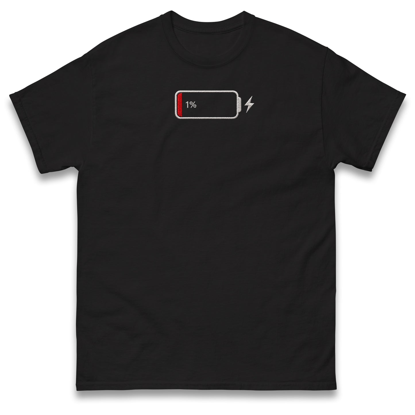 Low Battery T Shirt Funny Tech Humour 1% Charged Phone Design Top