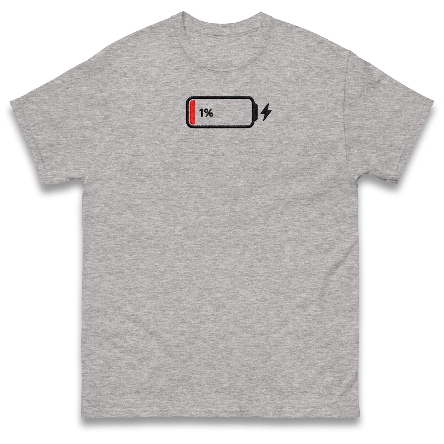 Low Battery T Shirt Funny Tech Humour 1% Charged Phone Design Top