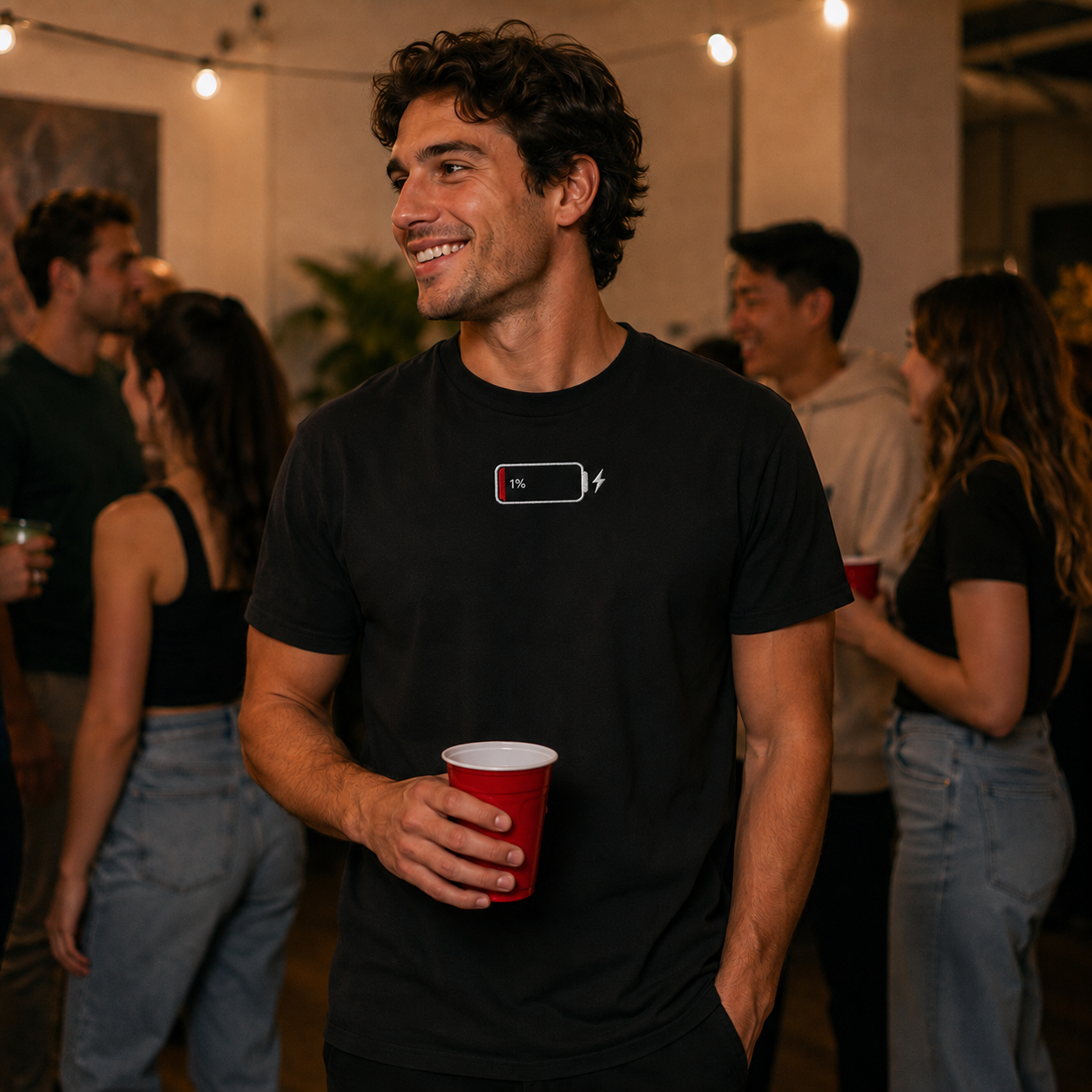 Low Battery T Shirt Funny Tech Humour 1% Charged Phone Design Top