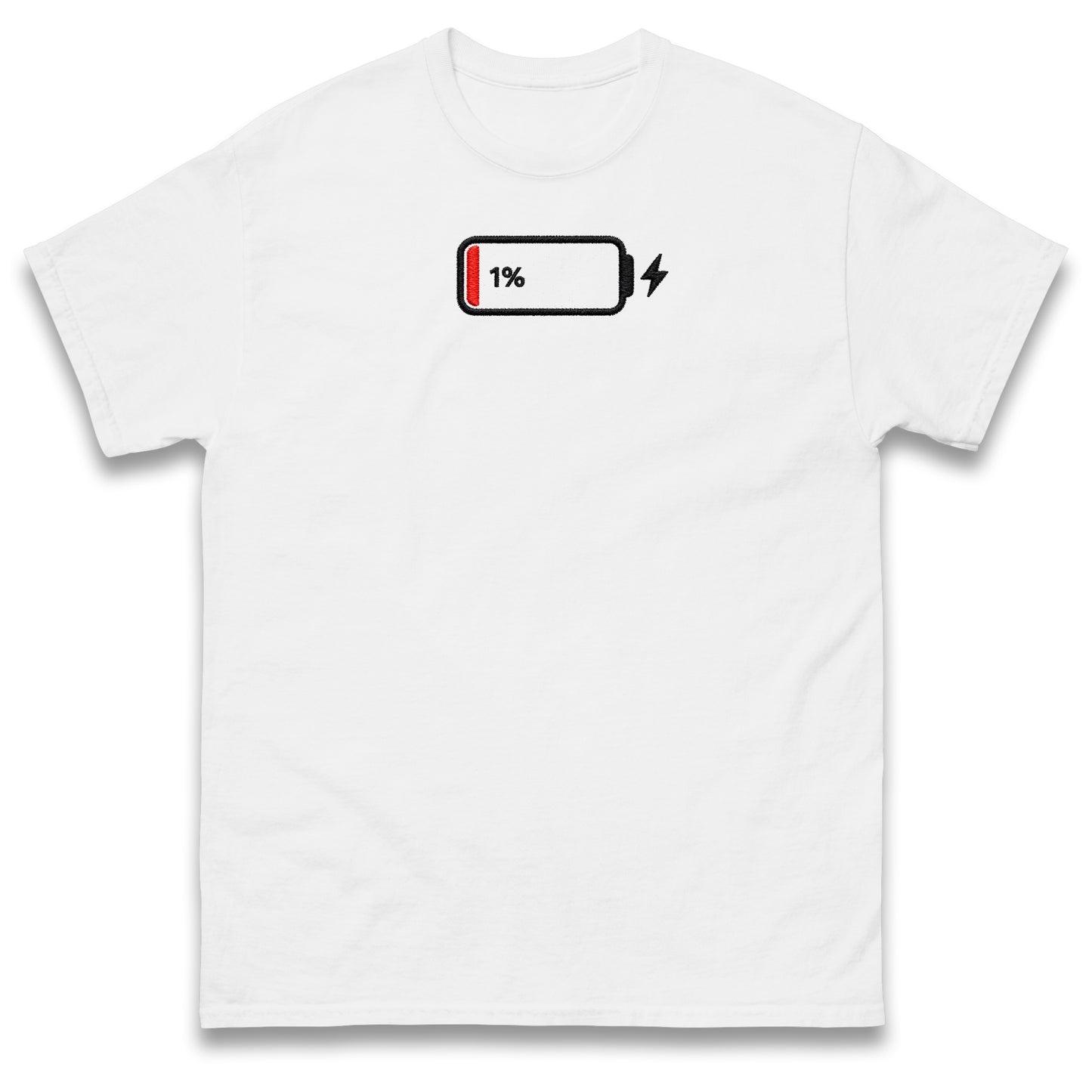 Low Battery T Shirt Funny Tech Humour 1% Charged Phone Design Top