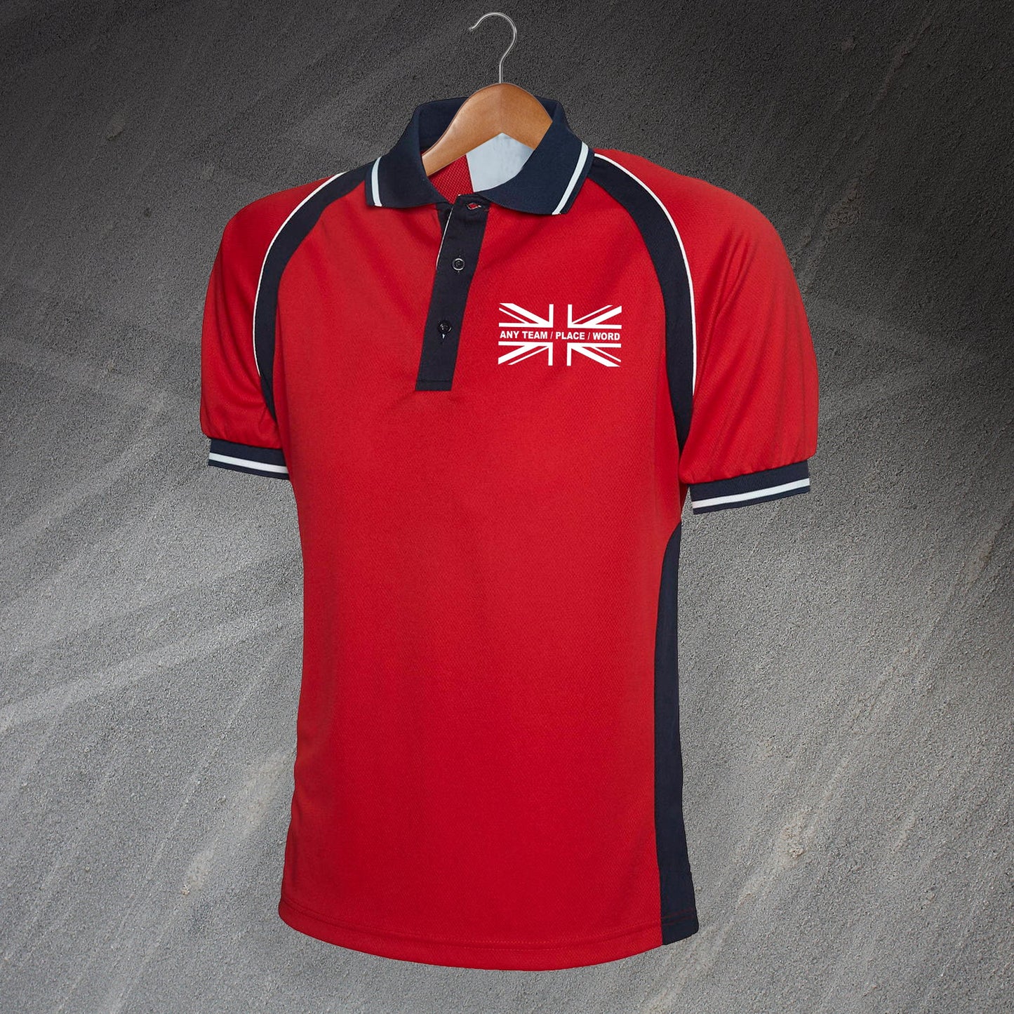 Personalied Union Jack Embroidered Sports Polo Shirt with Any Team, Place or Word