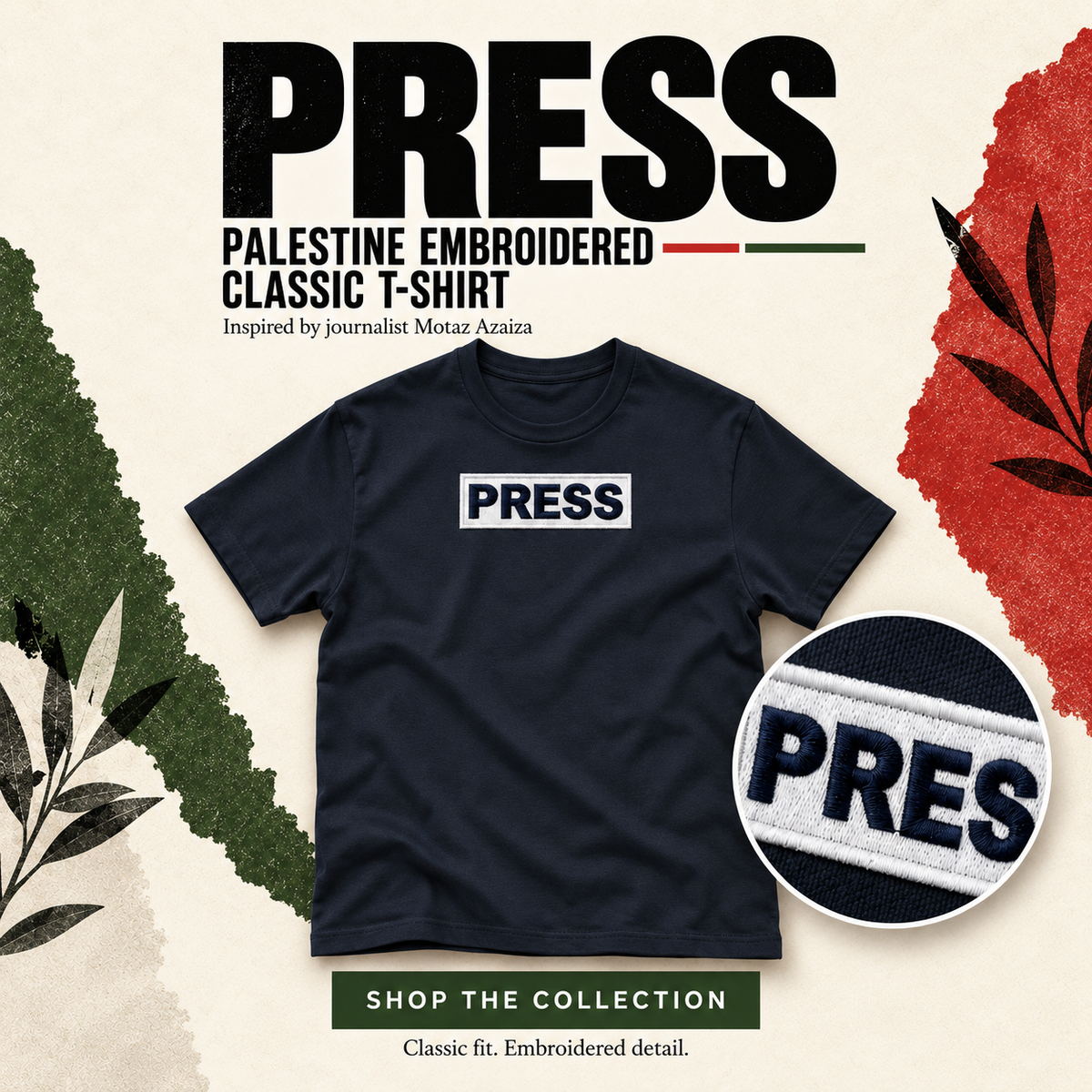 PRESS Palestine T Shirt Inspired by Journalist Motaz Azaiza