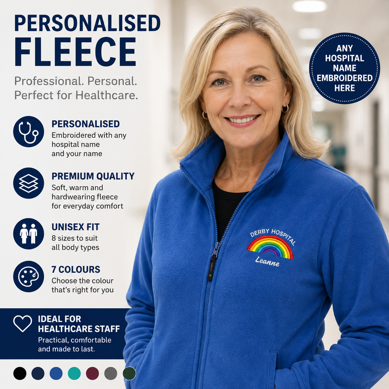 Rainbow Fleece Personalised Uniform Staff Embroidered Hospital Name Medical Fleece Student Nurse Fleece