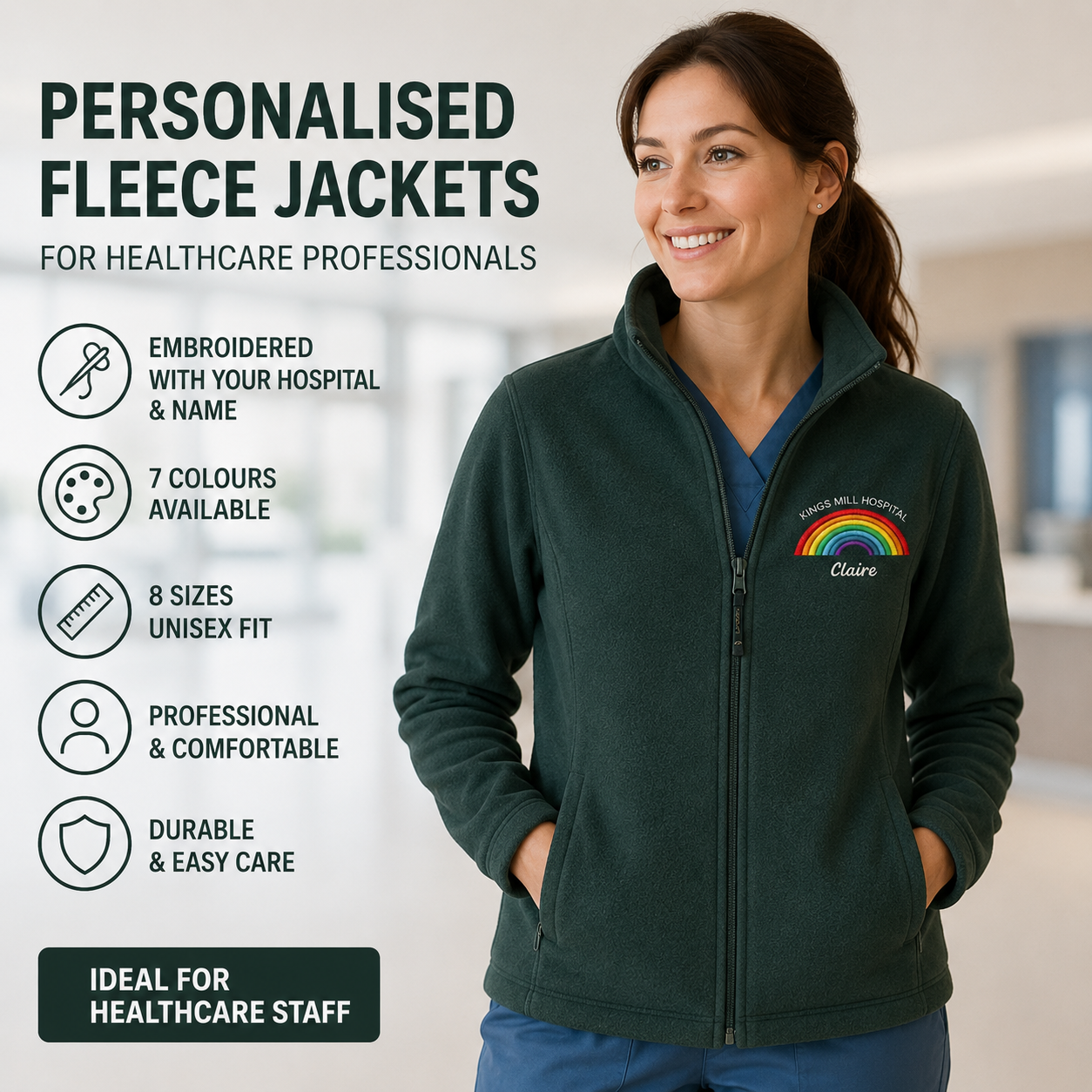 Rainbow Fleece Personalised Uniform Staff Embroidered Hospital Name Medical Fleece Student Nurse Fleece