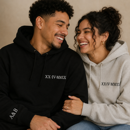 Roman Numeral Embroidered Matching Hoodie, Personalised Couple Anniversary Date Hoodie, Custom Initials With Heart on Sleeve, Boyfriend Gift 
