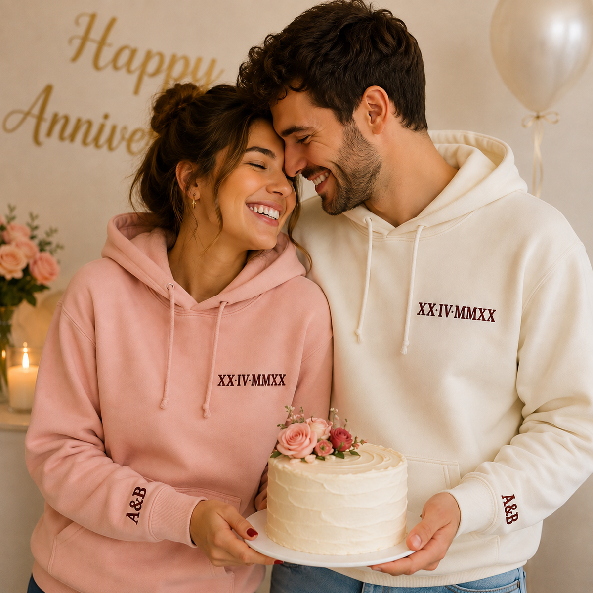 Roman Numeral Embroidered Matching Hoodie, Personalised Couple Anniversary Date Hoodie, Custom Initials With Heart on Sleeve, Boyfriend Gift 