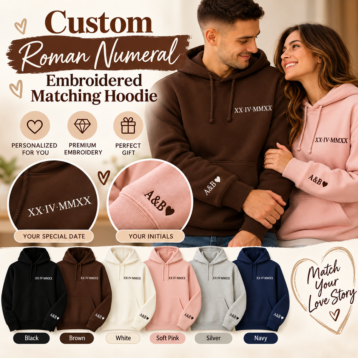 Roman Numeral Embroidered Matching Hoodie, Personalised Couple Anniversary Date Hoodie, Custom Initials With Heart on Sleeve, Boyfriend Gift 