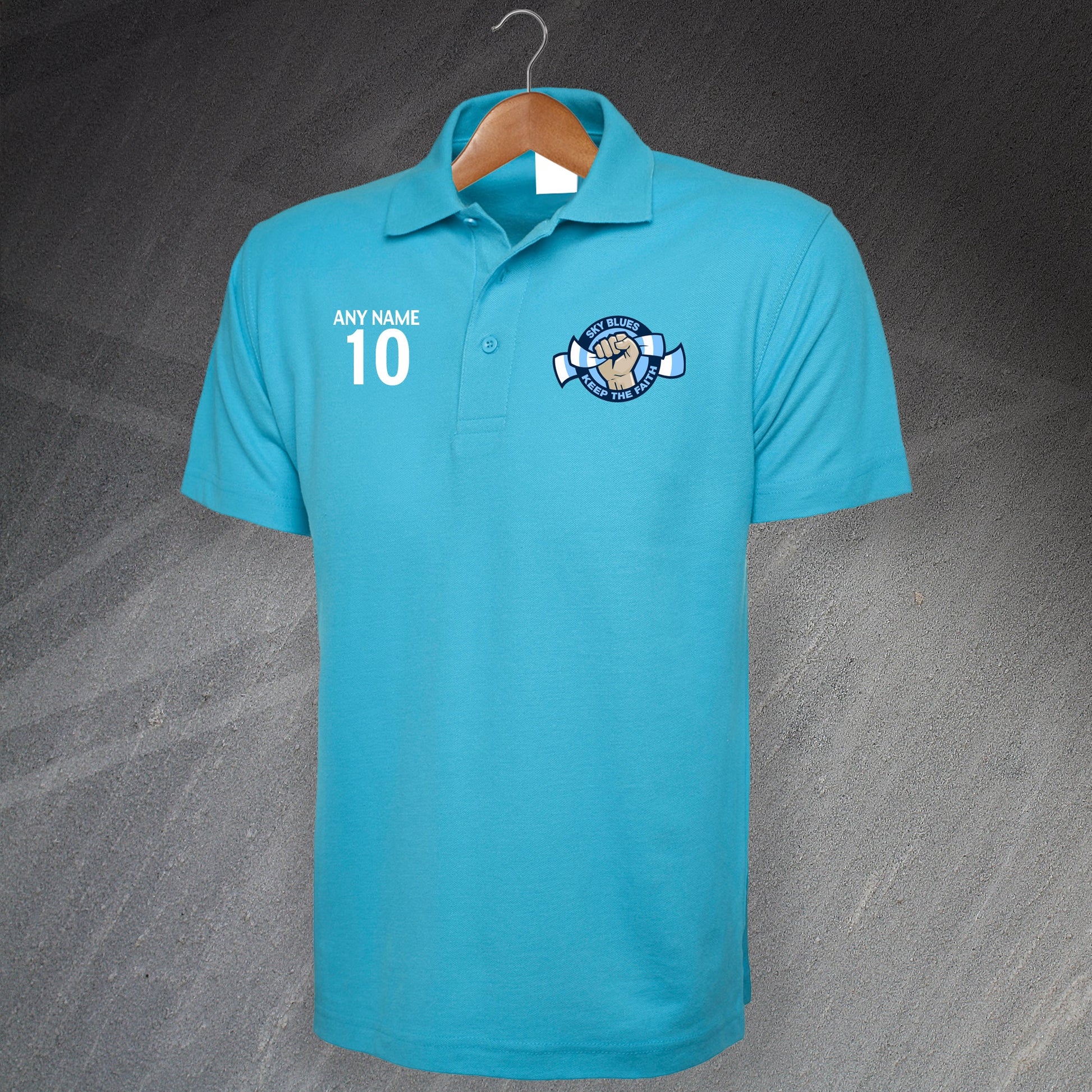Sky Blues Keep The Faith Polo Shirt with any Number & Name